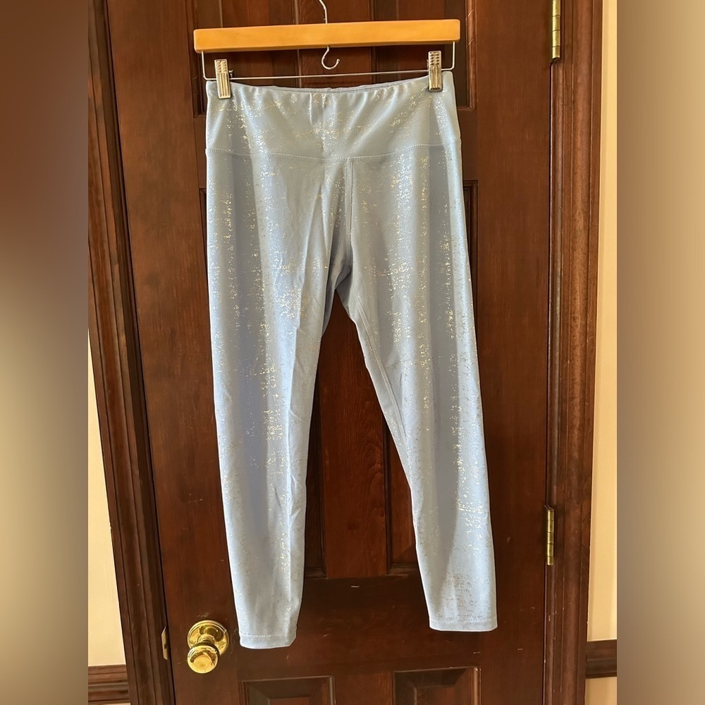 Kimberly Silver Shimmery Light Blue Bra and Leggings Yoga Set Size Medium